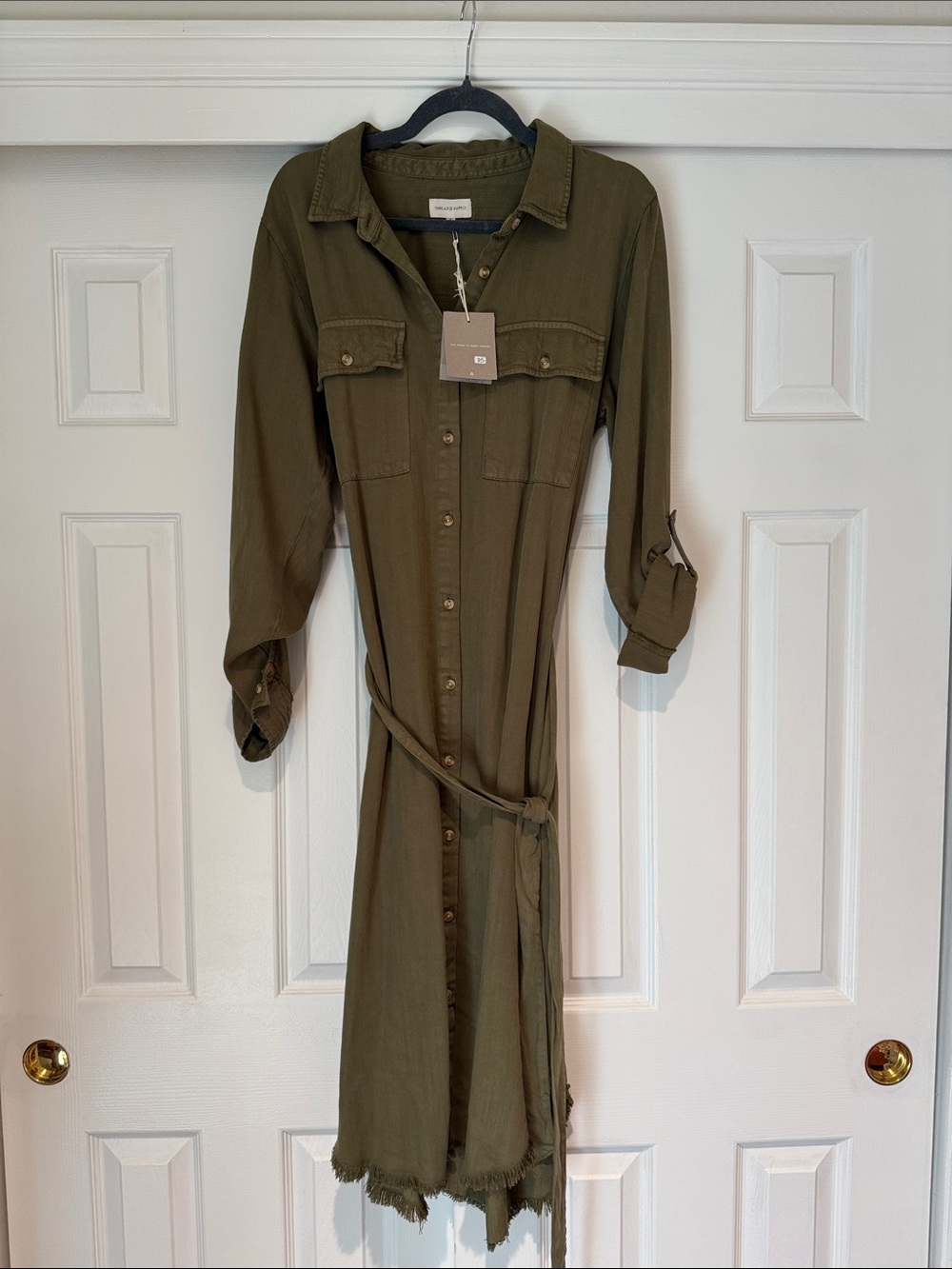 Thread & Supply Olive Green Midi Shirt Dress with Tie Belt